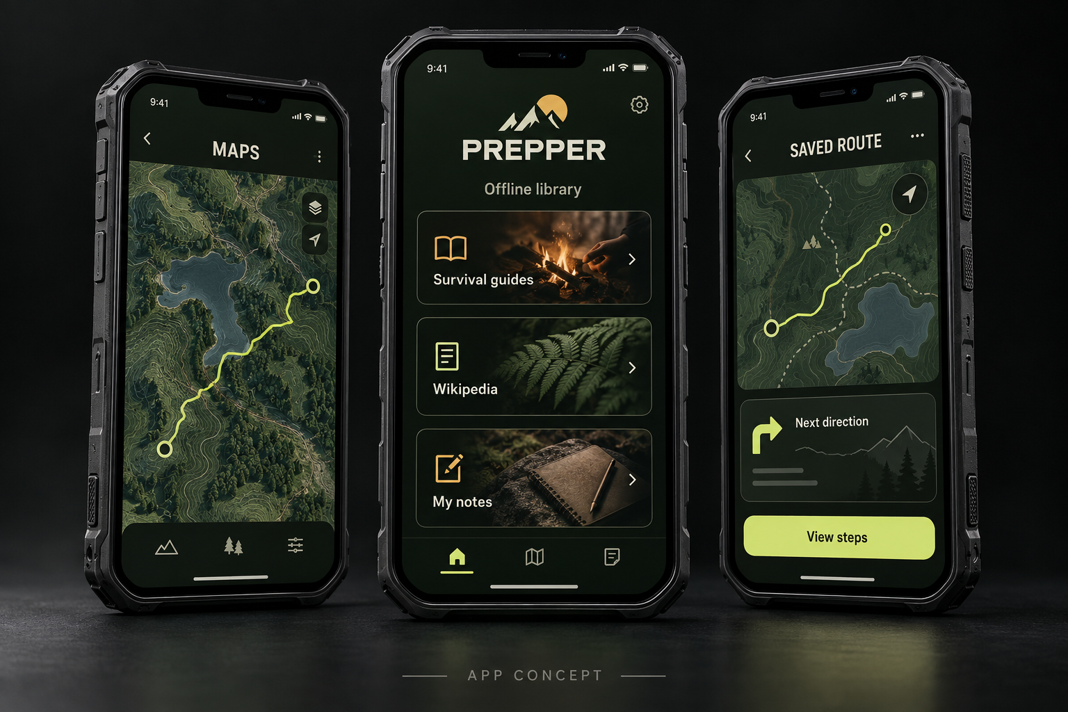 Prepper app concept: three phones showing a fictional offline map, reference library and saved directions