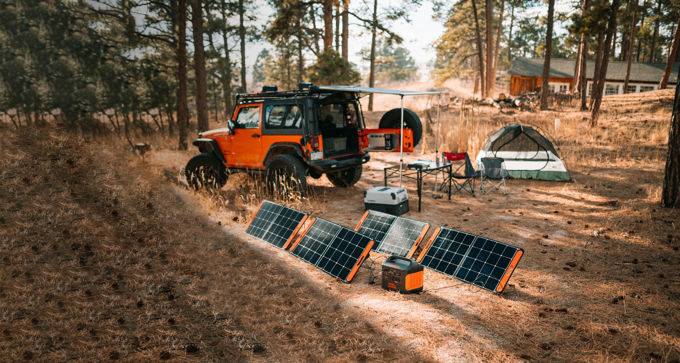 An example outdoor solar and power setup beside a tent